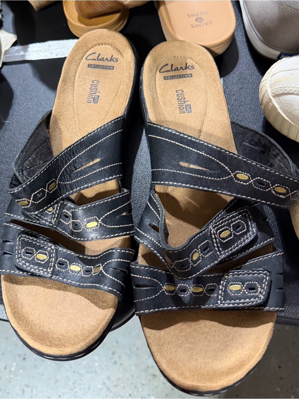 Clarks Black Leather Strappy Slide Sandals with Yellow Accents